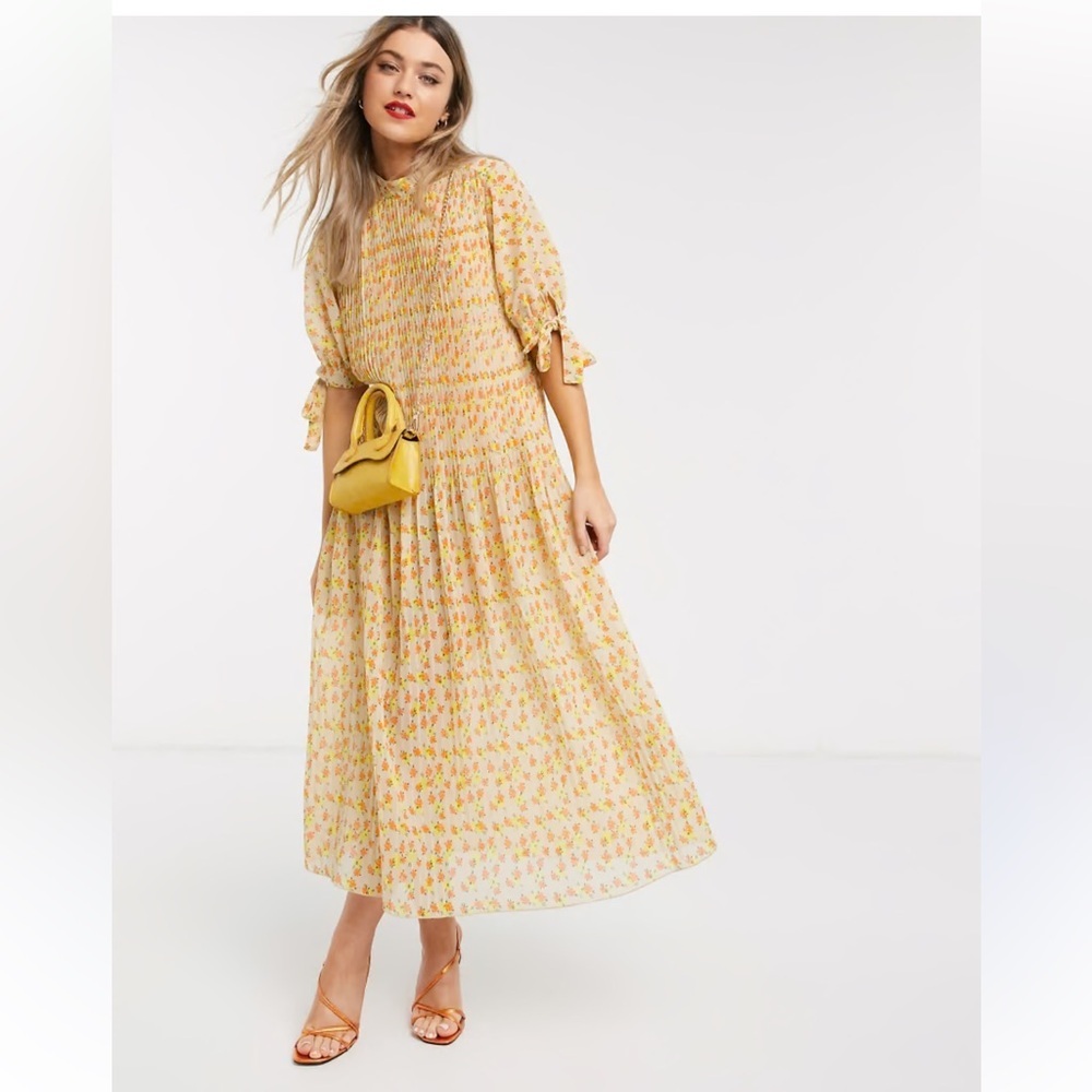 ASOS Pleated Trapeze Midi Dress With Tie Sleeves In Ditsy Floral Print N…